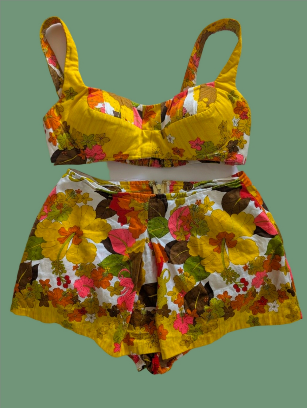 Vintage Swimsuit 2 Piece Miss Hawaii Yellow Floral Mod 1968